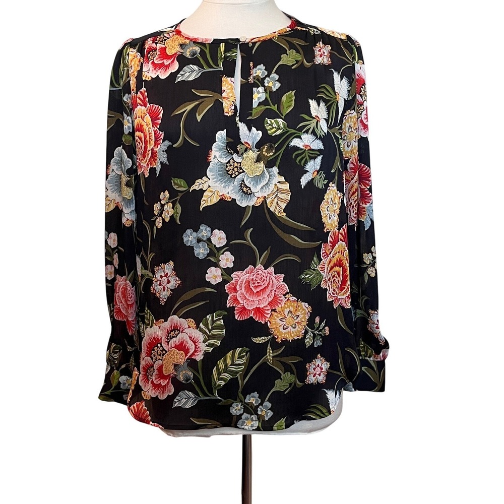 LOFT Floral Blouse Top Womens Sz S Keyhole Boho Chic Sheer Fairy‎ Goth Career